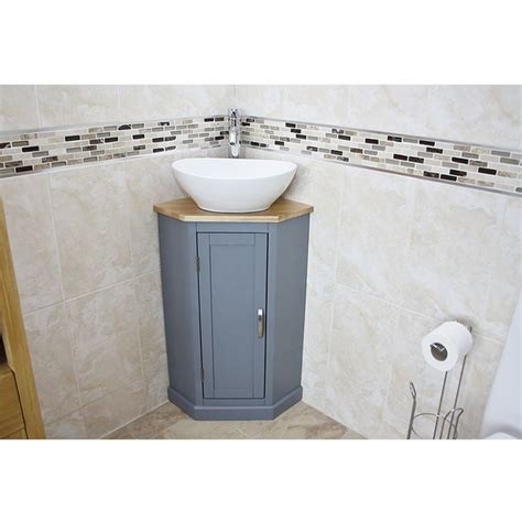Grey Painted Corner Oak Vanity Unit With Wash Basin Ideal For Cloakroom