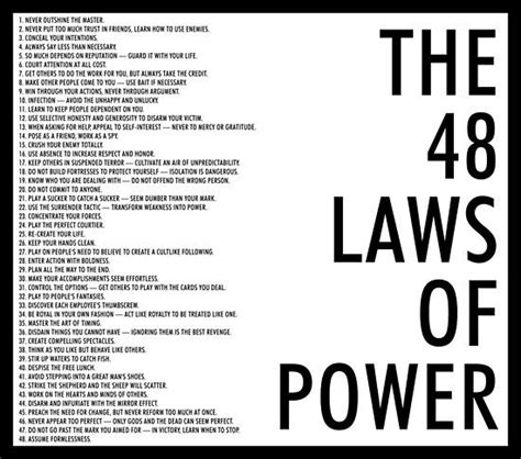 The 48 Laws Of Power Poster With Black And White Text On It In Front Of A