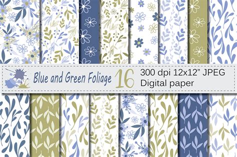 Seamless Blue And Green Hand Drawn Flowers And Leaves Digital Paper
