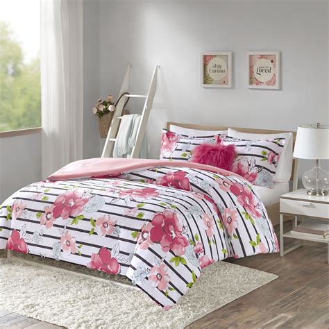 Comfort Spaces Zoe Comforter Set Printed Striped Floral Design With Faux Long Fur Decorative