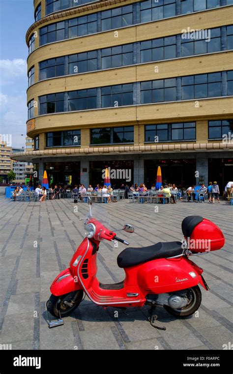 Red Vespa Scooter Parked Locked Lock Plaza Stock Photo Alamy