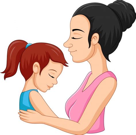Madre Feliz De Dibujos Animados Abrazando A Su Hija