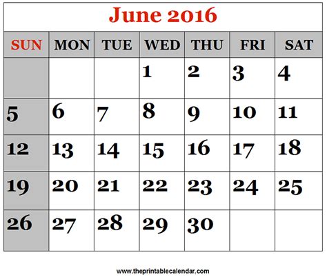 June 2016 Printable Calendars