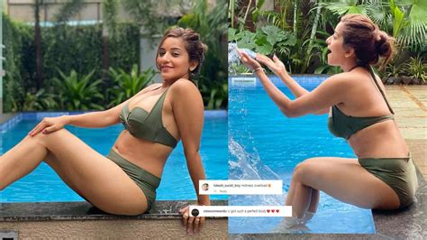 At Bhojpuri Sensation Monalisa Oozes Oomph In Olive Bikini Set As She Poses By The Pool