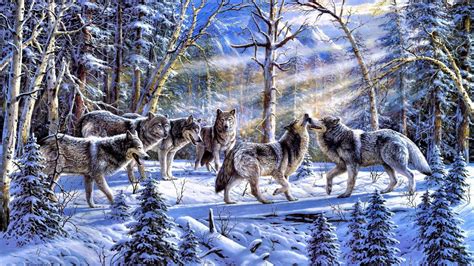 Pack Of Wolves In The Snowy Forest Painting Art Wallpaper Backiee