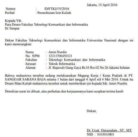 Contoh Surat Izin Kuliah karena Kerja Praktek Mata Kuliah ...