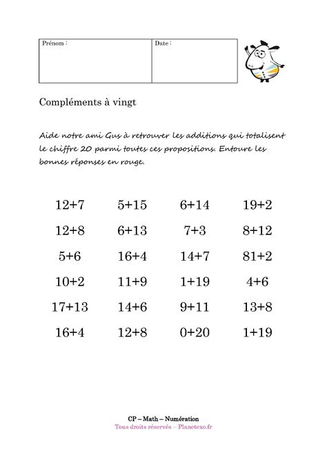 Trouvez des mots qui sonnent bien ensemble, même s'ils ne forment pas une rime parfaite. Exercice corrigé pour le CP : Compléments à vingt