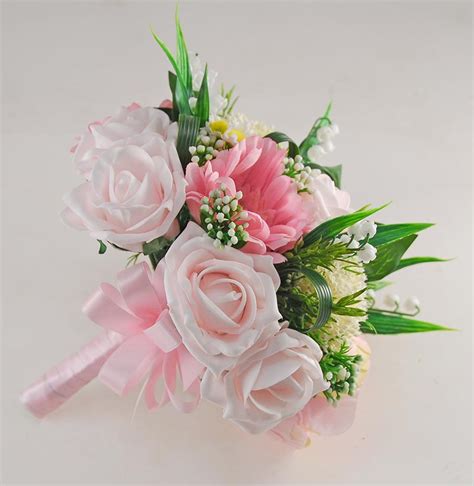 Light Pink Rose And Silk Gerbera Bridal Wedding Bouquet With Elderflower