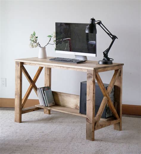 Rustic Farmhouse Computer Desk In Natural With Trestle Base Wooden