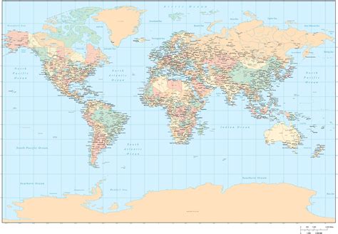 Large Detailed Digital Adobe Illustrator World Map Miller Projection