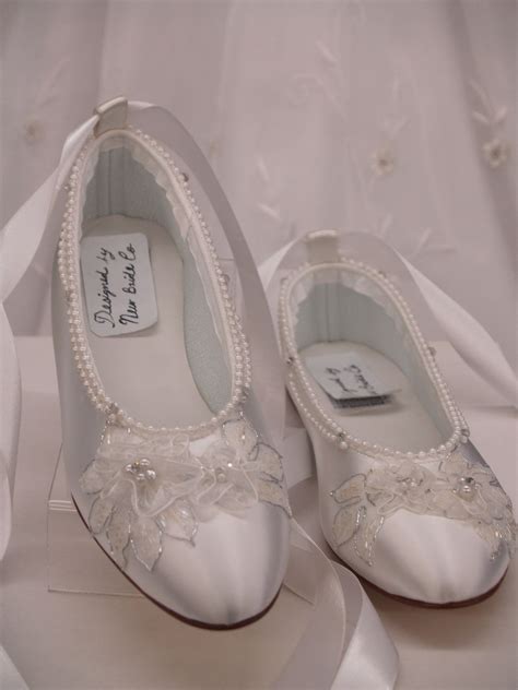 Wedding Shoes White Ballerina Satin Flats With Silver Appliqué 9800