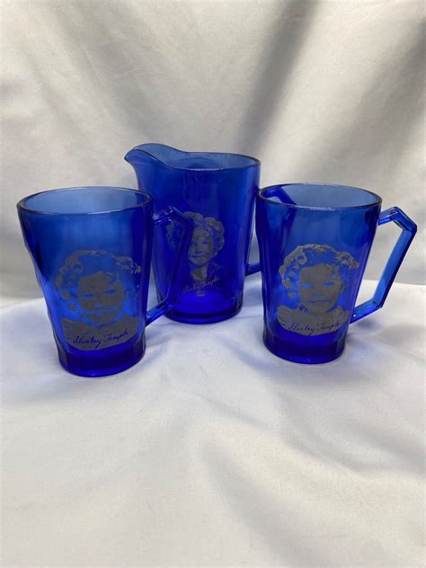 Shirley Temple Cobalt Blue Vintage Pitcher And Two Glasses Etsy