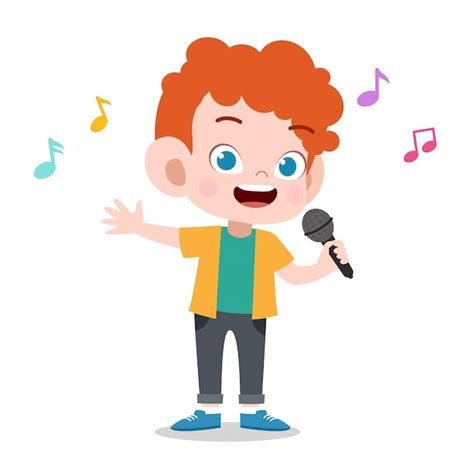 Niño Feliz Jugar Cantar Música De Karaoke Vector Premium