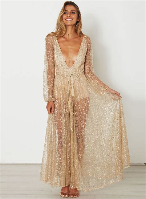 Women's Fashion Sequins Deep V Neck See Through Maxi Dress - STYLESIMO.com