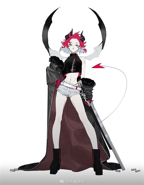 A Drawing Of A Woman With Red Hair And Horns Holding Two Swords In Her Hands