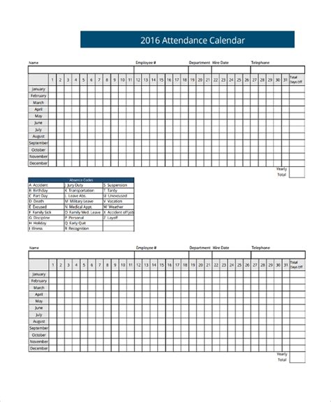 Attendance Calendar Template 2016 Hq Printable Documents Gambaran
