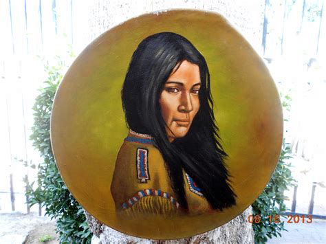 Beatiful Native American Indian Oil Painting Over A Skin Drum Handmade