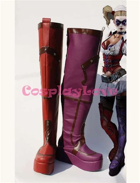 Newest Custom Made American Movie Purple And Red Batmanarkham Asylum Harley Quinn Cosplay Shoes