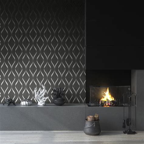 Light grey wallpaper trellis geometric metallic silver feature wall linen effect. Modern Wallpaper Indra Wave Muriva 15411 - Muriva
