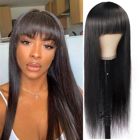 Straight Full Machine Made Wig With Neat Bangs No Lace Affordable 100