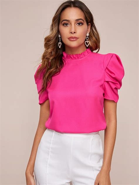 Shein Neon Pink Frilled Neck Puff Sleeve Top Pink Shop