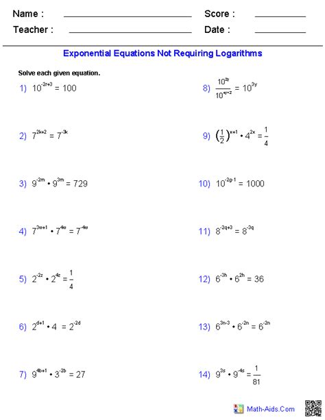 Evaluating Exponential Functions Worksheets Answers