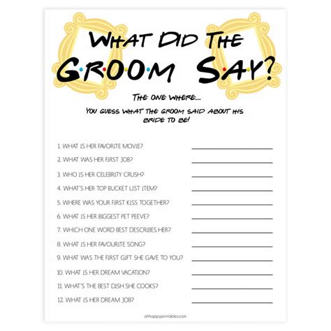 what did the groom say friends printable bridal shower games ohhappyprintables