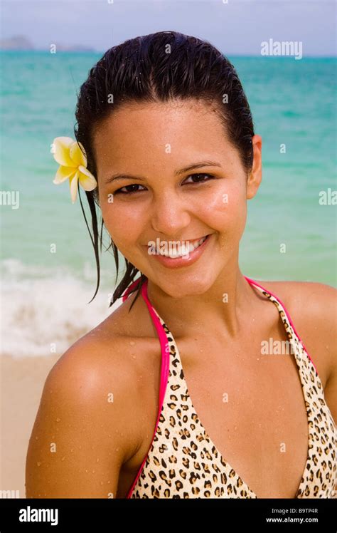 Portrait Of A Beautiful Polynesian Girl In A Pink Bikini On A Hawaii