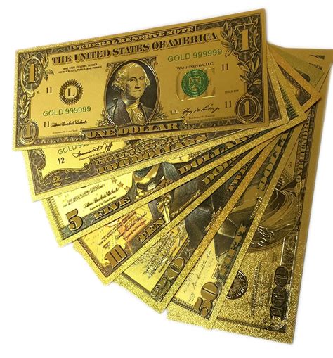 24k Gold Plated Fake Banknote Currency 1 2 5 10 20 50 100 Set Of 7 Best Glowing Party