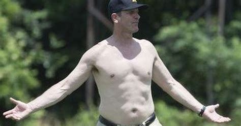No Shirt No Problem For Jim Harbaugh At Football Camp