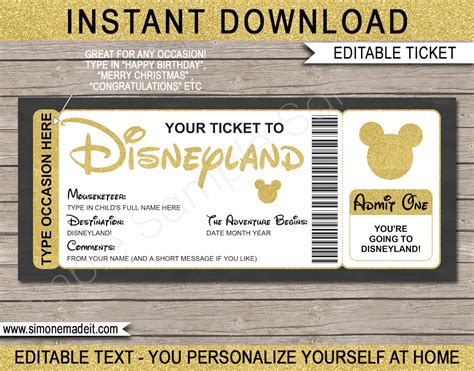 Disneyland Ticket Template Printable T Surprise Disney Etsy
