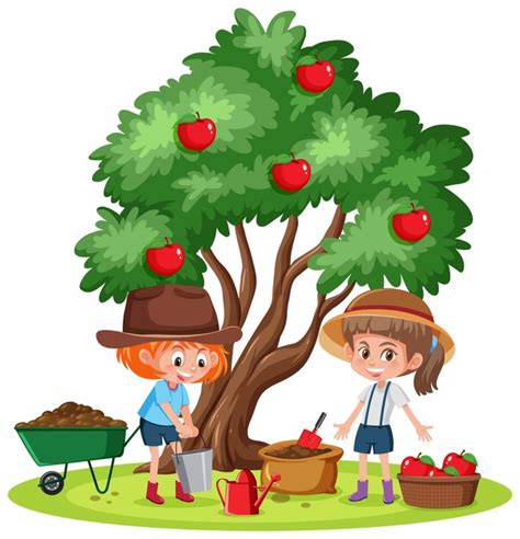 Premium Vector Two Girls Picking Up Apples On The Garden