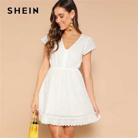 Shein White Lace Eyelet Single Breasted V Neck Solid Summer Dress Women