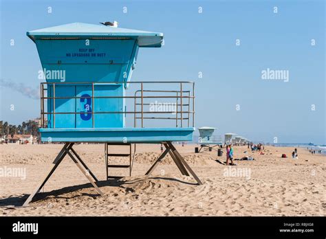 Lifeguard Towers Beach Scene On Huntington Beach In Southern California