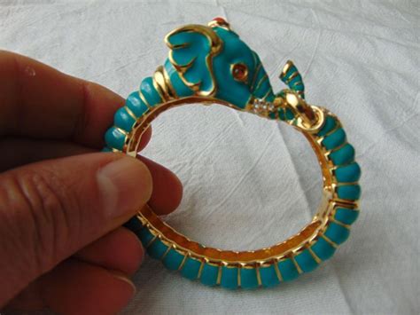 kjl indian elephant bangle bracelet hinged elephant enamel teal clear pave crystals gold
