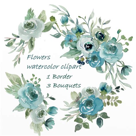Teal Flowers Watercolor Clipart Green Clip Art Flowers Clip Etsy In