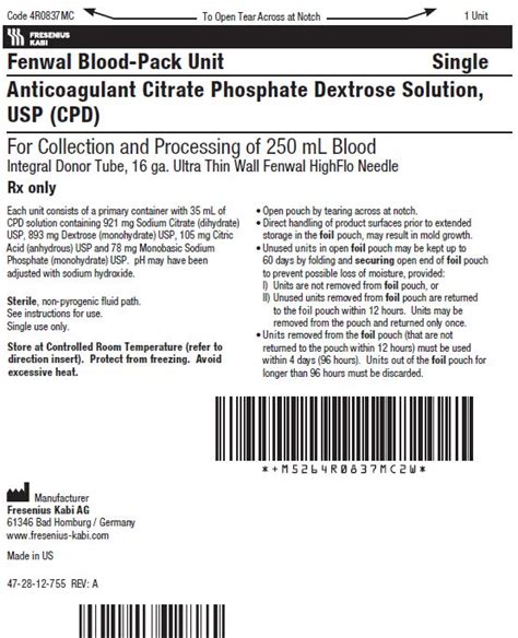 Anticoagulant Citrate Phosphate Dextrose Solution Usp Cpd Blood Pack