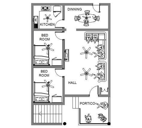 North Facing 2 Bhk House Plan With Furniture Layout Dwg File Cadbull