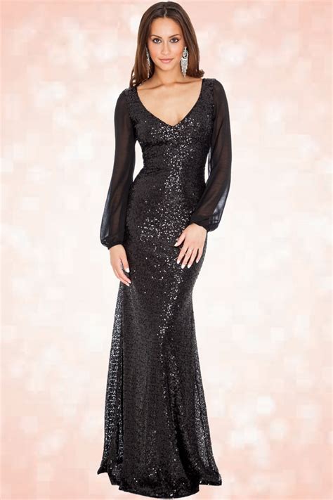 30s Sparkle Sequin Sheer Sleeved Maxi Dress In Black