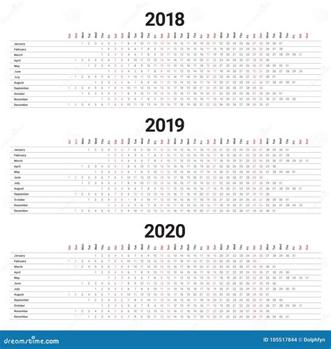 Year 2018 2019 2020 Calendar Vector Stock Vector Illustration Of 2020