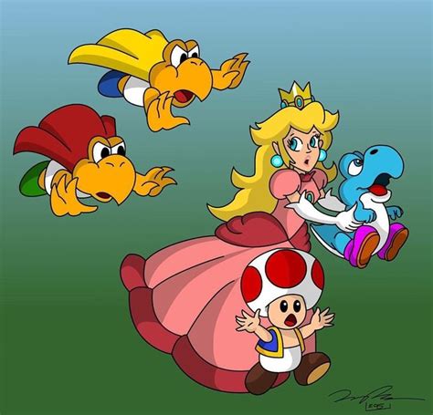 Mario And Princess Peach In The Air With Other Cartoon Characters