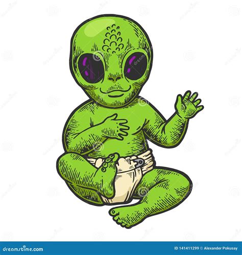 Alien Baby In Diaper Color Sketch Engraving Vector Stock Vector