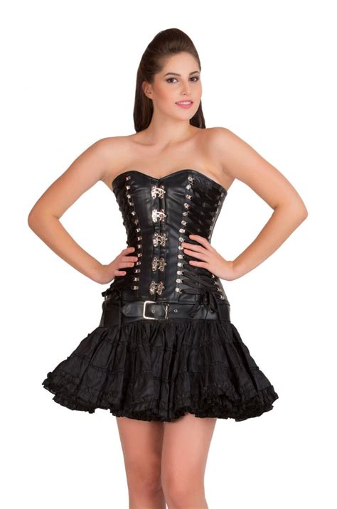 Black Leather Gothic Steampunk Overbust Costume Tissue Tutu Skirt Corset Dress