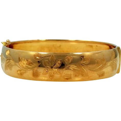 18k Solid Gold Finely Etched Bangle Bracelet Made In Italy From Mur