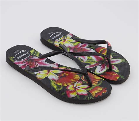 Havaianas Slim Floral Flip Flops Black Womens Sandals