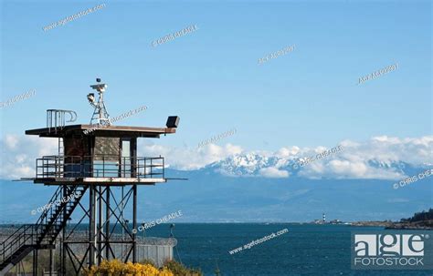 William Head Prison Sentry Post With Race Rocks And Olympic Mountains