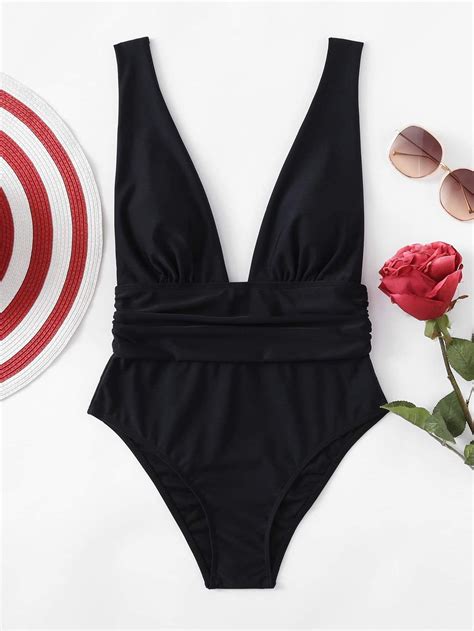 Plunge Neckline One Piece Swimsuit Swimwear Beachwear Women Fashion Plunging One Piece