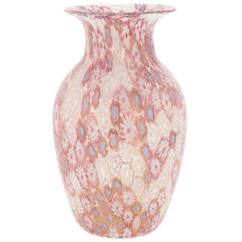 Glassofvenice Murano Glass Golden Quilt Millefiori Urn Vase Pink