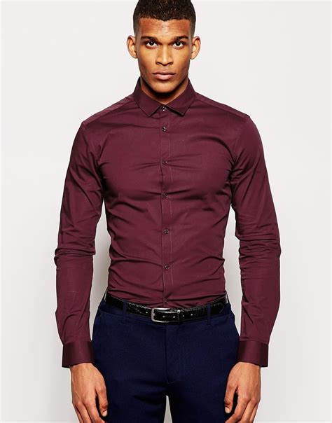 Lyst Asos Skinny Fit Shirt In Burgundy With Long Sleeves In Purple