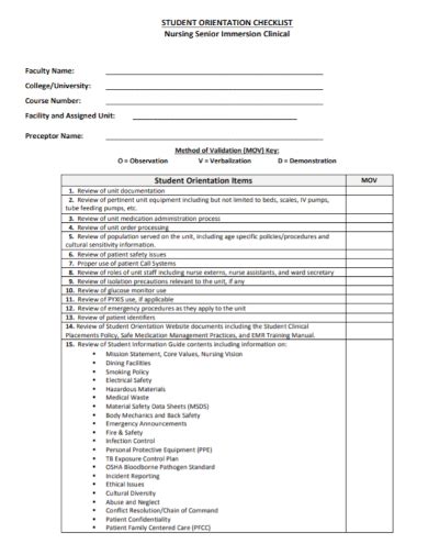 Free 10 Nursing Orientation Checklist Samples Hospital Student